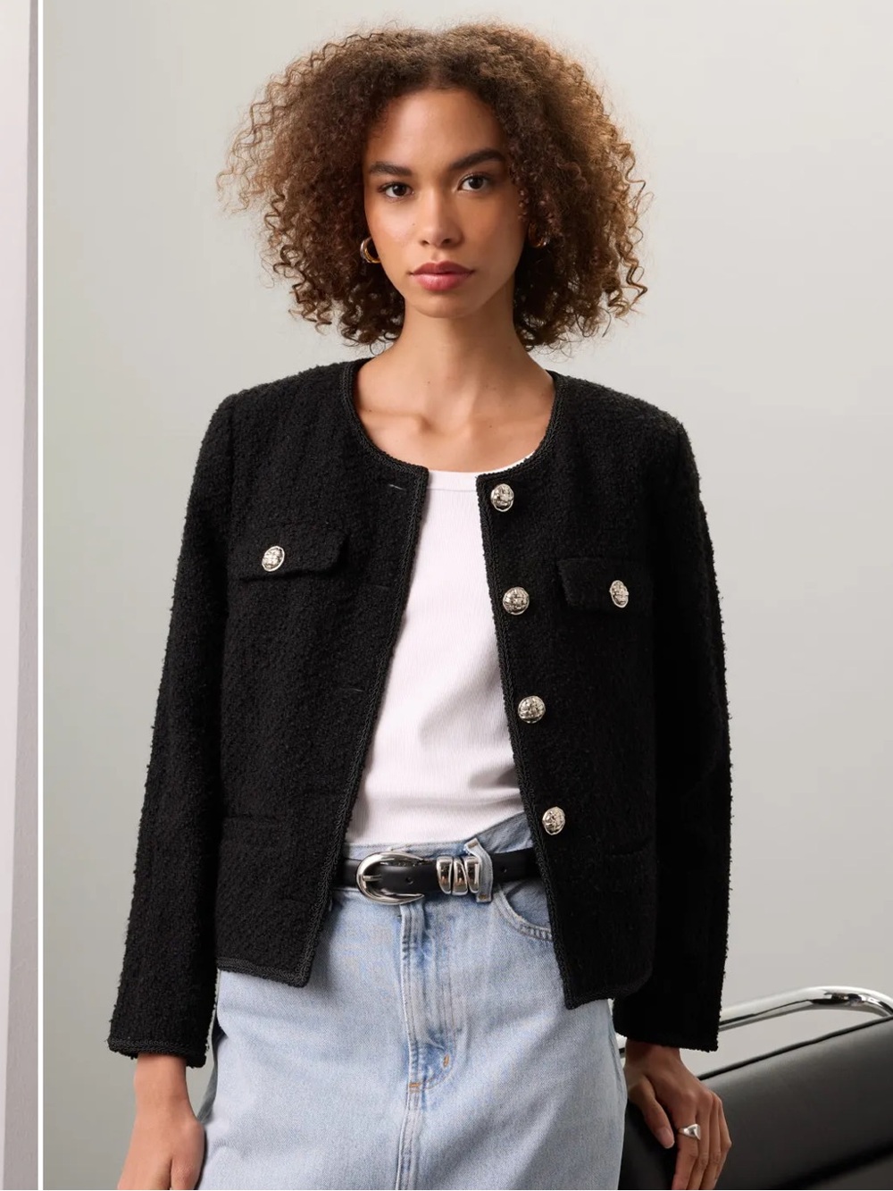 Derek Lam Black Bouclé Round-Neck Jacket with Silver Buttons